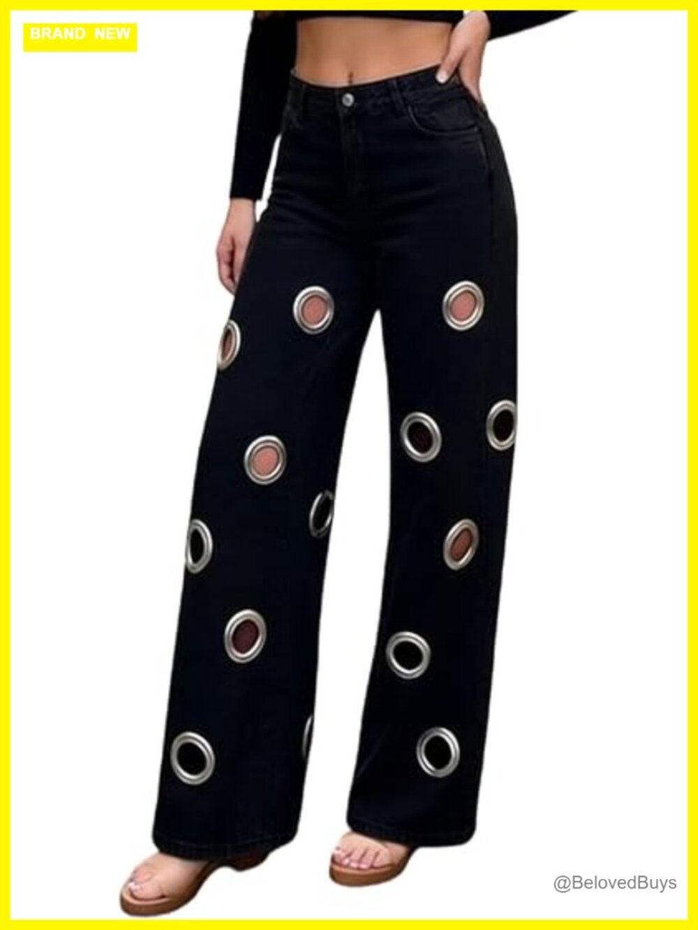 Wide Leg Jeans High Waisted Metal Ring Cut-Out Ripped Y2k Denim Pants